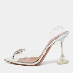 Amina Muaddi Clear/Silver PVC Rosie Slingback Pumps Size 36