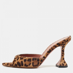 Amina Muaddi Beige/Brown Leopard Print Calfhair Caroline Mule Size 38.5