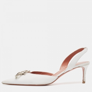 Pre Owned Amina Muaddi White Leather Rosie  Slingback Pumps Size 41.5 