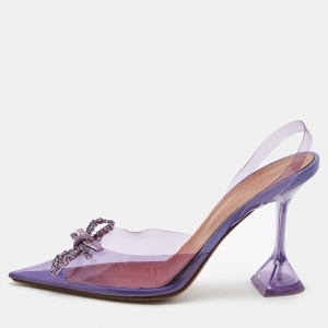 Pre Owned Amina Muaddi Purple PVC Crystal Embellished Bow Slingback Pumps Size 39