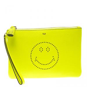 Anya Hindmarch Neon Yellow Leather Smiley Zip Top Pouch