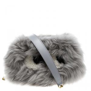 Pre Owned Anya Hindmarch Grey Shearling Mini Eyes Crossbody Bag