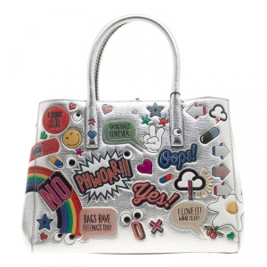 Pre Owned Anya Hindmarch Silver Embossed Sticker Leather Small Ebury Tote