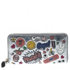 Anya Hindmarch Silver Leather All Over Wink Stickers Zip Around Wallet