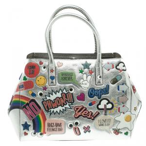Pre Owned Anya Hindmarch Silver Leather Small All Over Stickers Tote