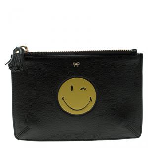 Anya Hindmarch Back Leather Wink Smiley Zip Top Pouch