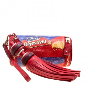 Pre Owned Anya Hindmarch Red Python Embossed Digestives Print Leather Wristlet Pouch