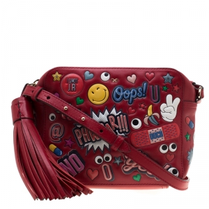 Pre Owned Anya Hindmarch Red Leather Wink Sticker Crossbody Bag