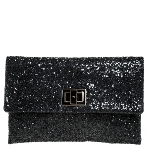 Pre Owned Anya Hindmarch Black Glitter Flap Clutch