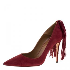 Pre Owned Aquazzura Pomegranate Red Suede Fringe Tie Pointed Toe Pumps Size 38