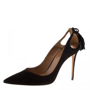 Pre Owned Aquazzura Black Suede Forever Marilyn Fringe Bow Pointed Toe Pumps Size 38.5