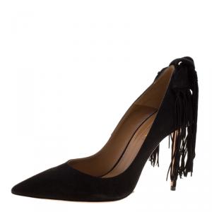 Pre Owned Aquazzura Black Suede Fringe Tie Pointed Toe Pumps Size 37