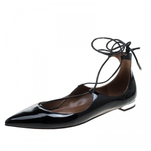 Pre Owned Aquazzura Black Patent Leather Christy Lace Up Pointed Toe Flats Size 38
