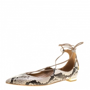 Pre Owned Aquazzura Two Tone Snake Embossed Leather Christy Lace Up Pointed Toe Flats Size 38