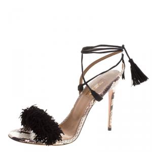 Pre Owned Aquazzura Two Tone Fringed Suede and Python  Wild Thing Tasseled Ankle Wrap Sandals Size 38