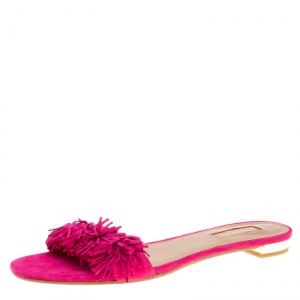 Pre Owned Aquazzura Fuchsia Pink Suede Wild Thing Fringe Trimmed Flat Slides Size 38