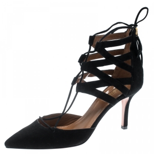 Pre Owned Aquazzura Black Suede Belgravia Lace Up Pointed Toe Pumps Size 37
