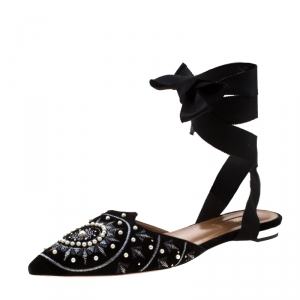 Pre Owned Aquazzura Black Embellished Velvet Stellar Ankle Wrap Flat Mules Size 39