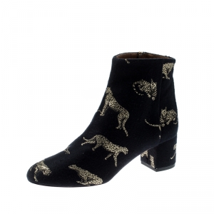 Pre Owned Aquazzura Black Cotton Metallic Gold Big Cat Brooklyn Ankle Boots Size 37.5