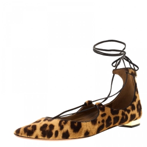 Pre Owned Aquazzura Brown Leopard Print Calf Hair Pointed Toe Ankle Wrap Flats Size 40.5
