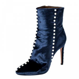 Pre Owned Aquazzura Navy Blue Velvet Follie Pearls Ankle Boots Size 40.5