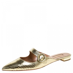 Pre Owned Aquazzura Gold Snake Leather Blossom Pointed Toe Flat Mules Size 39