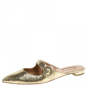 Pre Owned Aquazzura Metallic Gold Snake Leather Blossom Pointed Toe Flat Mules Size 37.5