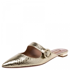 Pre Owned Aquazzura Metallic Gold Python Embossed Leather Buckle Detail Flats Size 38