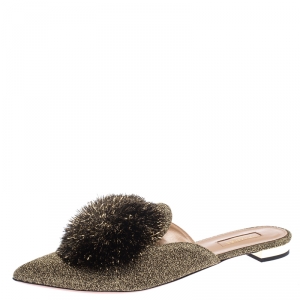Pre Owned Aquazzura Gold/Black Lame Fabric And Powder Puff Pom Pom Flat Slides Size 40.5