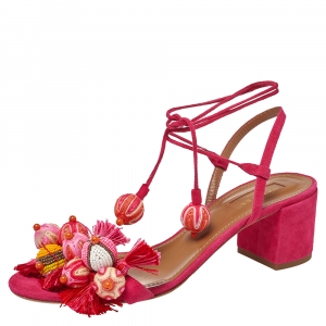 مملوكة مسبقًا Aquazzura Paradise Pink Suede Tropicana Tasseled Beaded Ankle Tie Sandals Size 39
