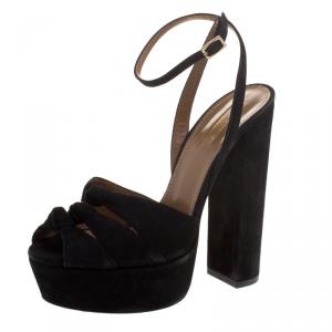 Pre Owned Aquazzura Black Knotted Suede Mira Block Heel Platform Sandals Size 36.5