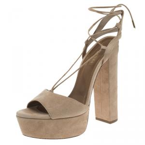 Pre Owned Aquazzura Beige Suede Austin Plateau Lace Up Platform Sandals Size 36.5