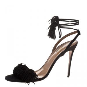 Pre Owned Aquazzura Black Fringed Suede Wild Thing Ankle Wrap Sandals Size 40.5