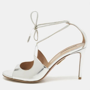Aquazzura Silver Leather Sofia Ankle Wrap Sandals Size 39