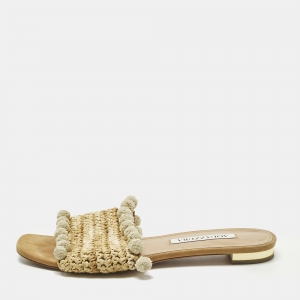 Pre Owned Aquazzura Size 37 Beige Straw  Pom-Pom Embellishments Flat Slide