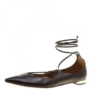 Pre Owned Aquazzura Black Leather Christy Lace-up Flats Size 38