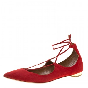 Pre Owned Aquazzura Red Suede Christy Lace Up Pointed Toe Flats Size 41