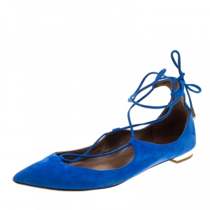 Pre Owned Aquazzura Blue Suede Christy Lace Up Pointed Toe Flats Size 36