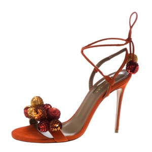 Pre Owned Aquazzura Blood Orange Sequin Embellished Suede Disco Thing Ankle Wrap Slingback Sandals Size 36