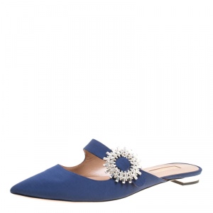 Pre Owned Aquazzura Navy Blue Canvas Blossom Crystal Embellished Pointed Toe Flat Mules Size 37.5