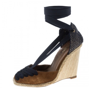 Pre Owned Aquazzura Brown/Navy Blue Suede and Grosgrain Malibu Wedge Espadrille Sandals Size 36