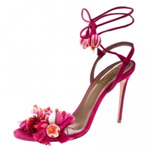 Pre Owned  Aquazzura Paradise Pink Suede Tropicana Tasseled Beaded Ankle Wrap Sandals Size 39.5