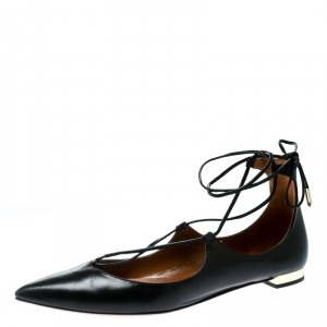 Pre Owned Aquazzura Black Leather Christy Lace Up Pointed Toe Flats Size 38