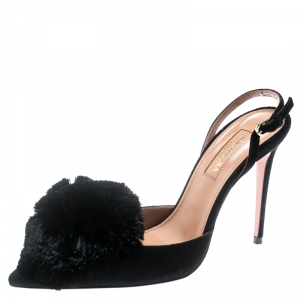 Pre Owned Aquazzura Black Suede Powder Puff Pointed Toe Slingback Sandals Size 36