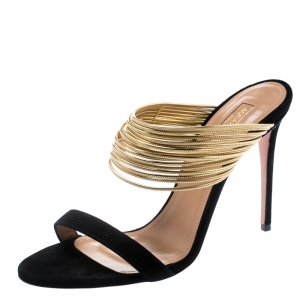 Pre Owned Aquazzura Metallic Gold Leather And Black Suede Rendez Vous Sandals Size 40