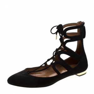 Pre Owned Aquazzura Black Suede Dancer Lace Up Ballet Flats Size 37.5