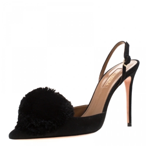 Pre Owned Aquazzura Black Suede Powder Puff Pointed Toe Slingback Sandals Size 37