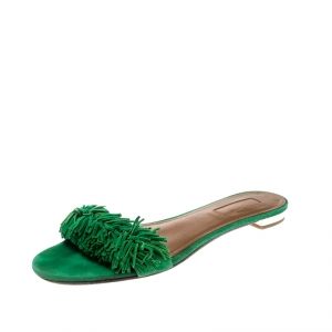 Pre Owned Aquazzura Green Suede Wild Thing Fringe Trimmed Flat Slides Size 37
