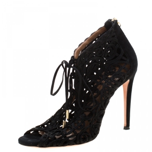 Pre Owned Aquazzura Black Suede And Lace Cut Out Open Toe Booties Size 36.5