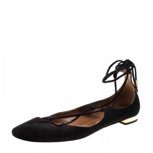 Pre Owned Aquazzura Black Suede Dancer Lace Up Flats Size 38
